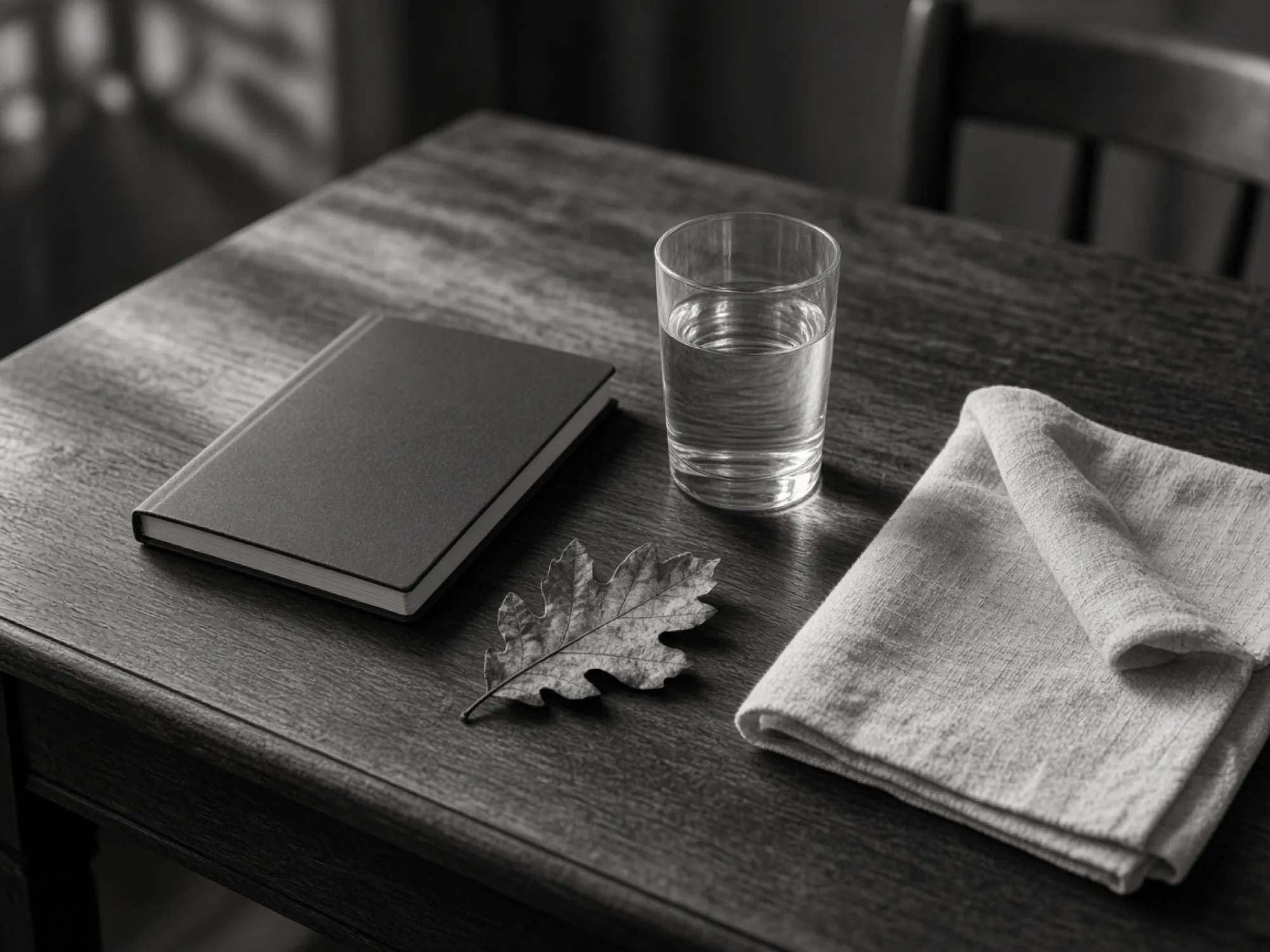 A closed notebook, a glass of water, an oak leaf and a linen cloth on a dark wooden table.